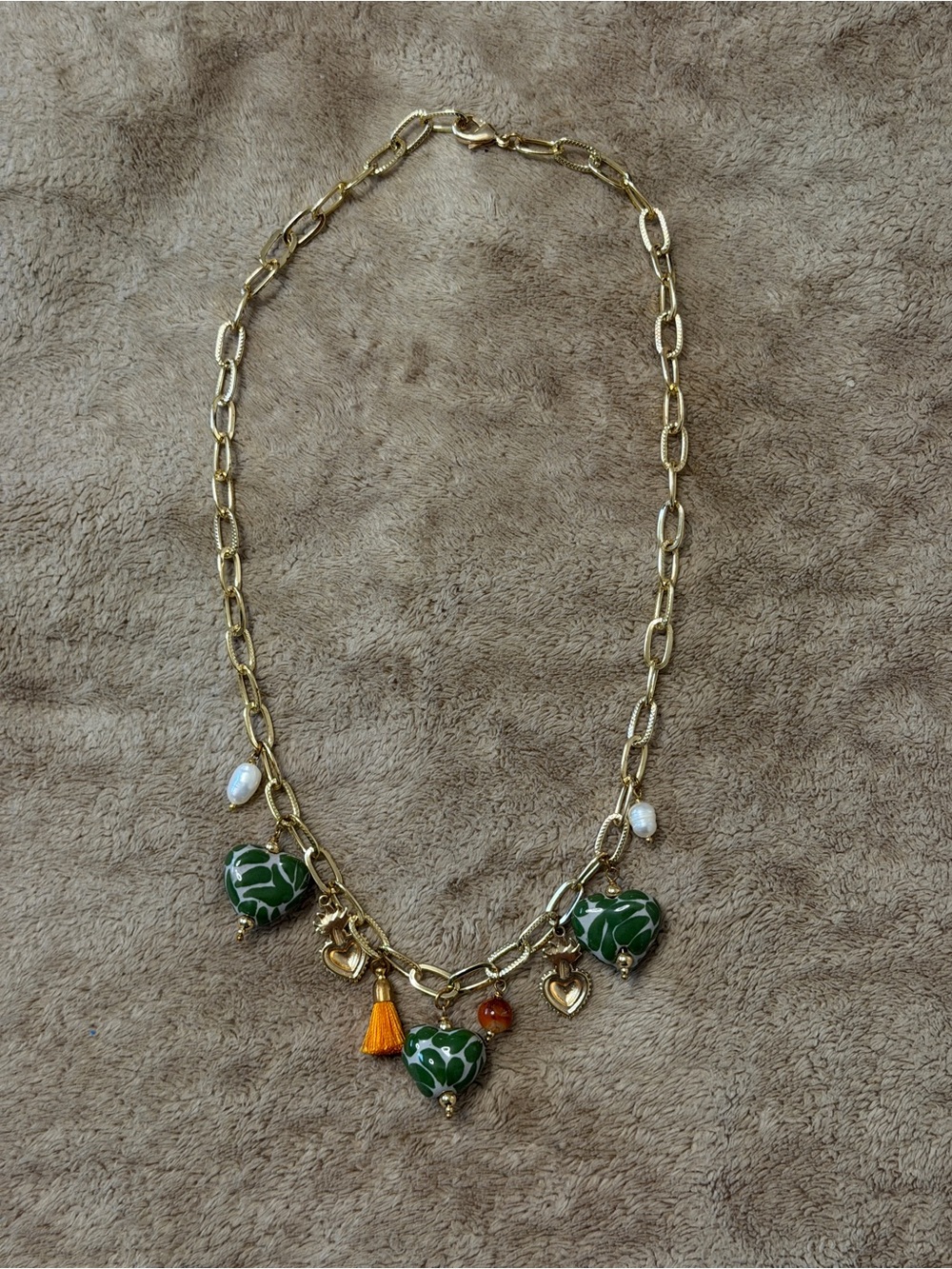 TalaveraGold Chain Necklace with Green Heart Charms by